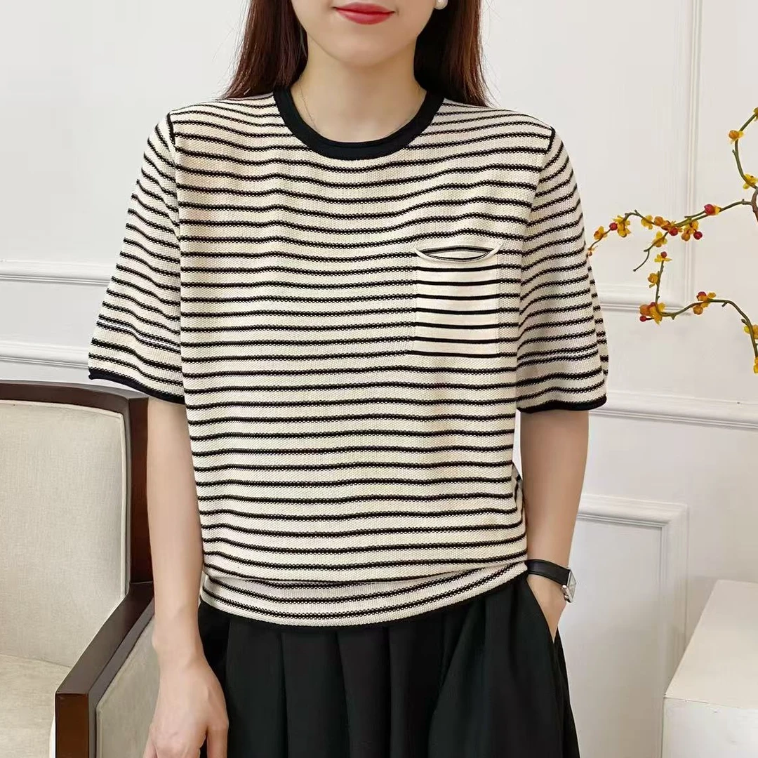 棉线条纹撞色圆领针织短袖春夏百搭洋气时尚大休闲码宽松显瘦上衣