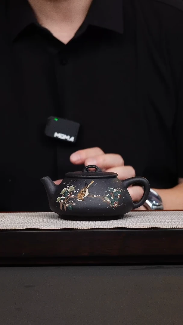 茶壶紫砂冬*黑泥泥绘如意石瓢