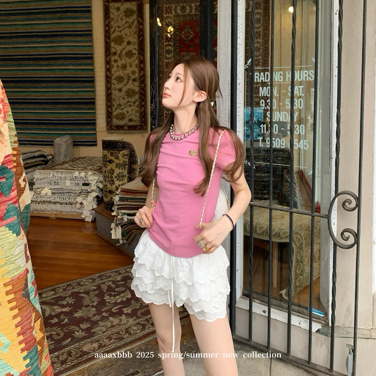 aaaaxbbb 锡兰碎片 两色重工花边裙裤松紧腰系带全棉休闲裤短裤女