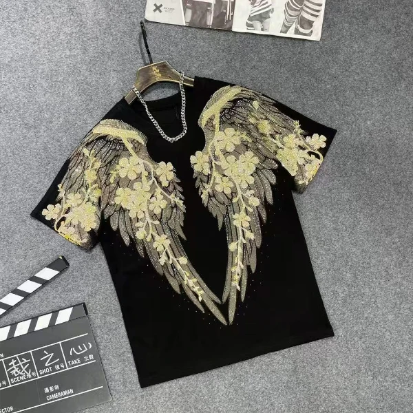 上衣气质短款轻奢休闲时尚百搭夏季印花烫钻翅膀设计师潮流网红