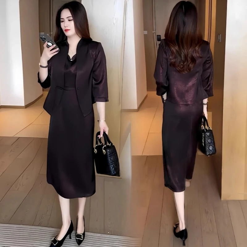 高级感时尚套装裙女夏季新款盘扣七分袖外套缎面连衣裙气质两件套
