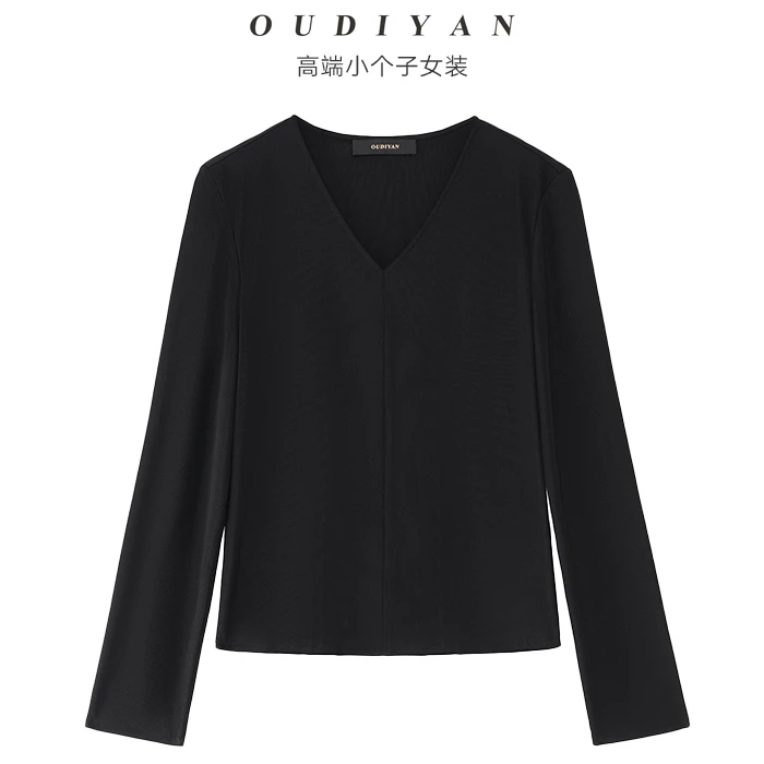 OUDIYAN | 小个子高端女装 春季新款Naia醋酸长袖V领打底黑色T恤