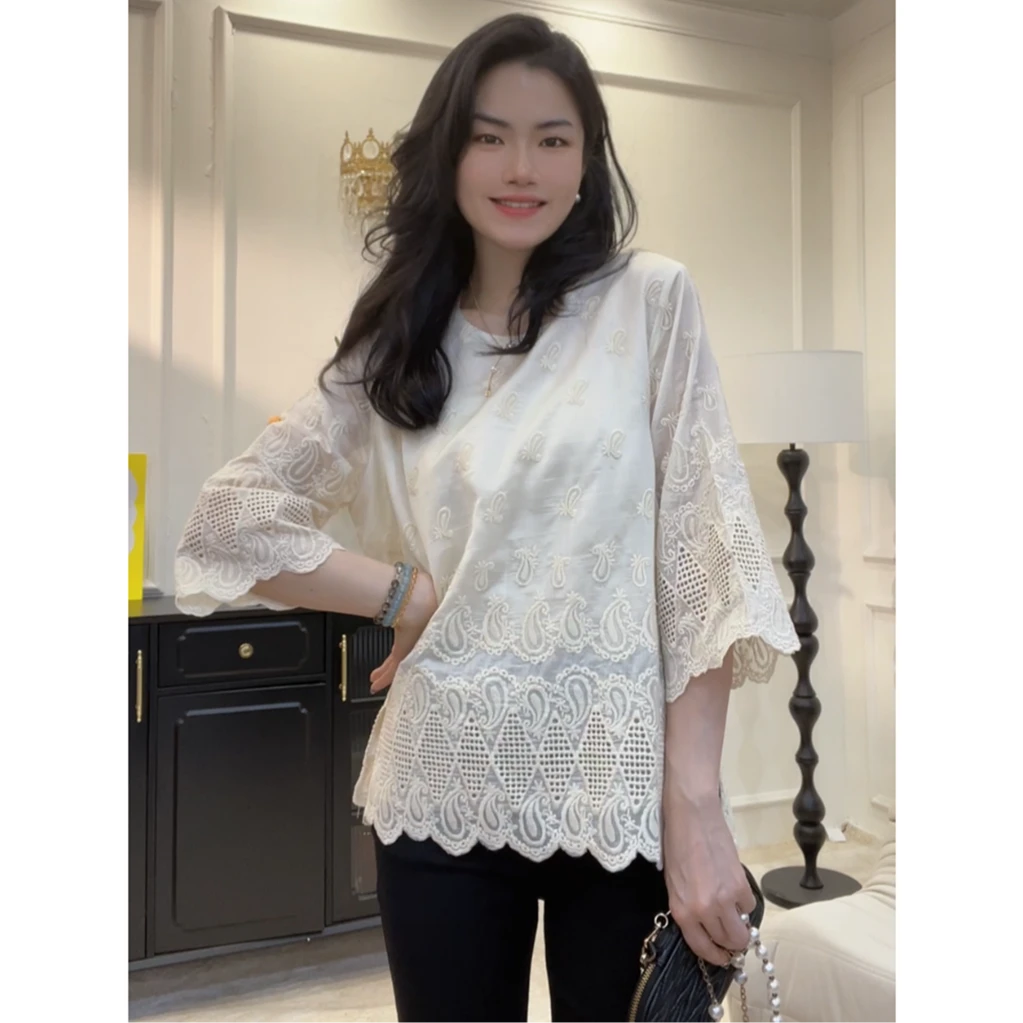 【微风】春夏氛围感重工提花不规则镂空长袖上衣大码显瘦衬衫