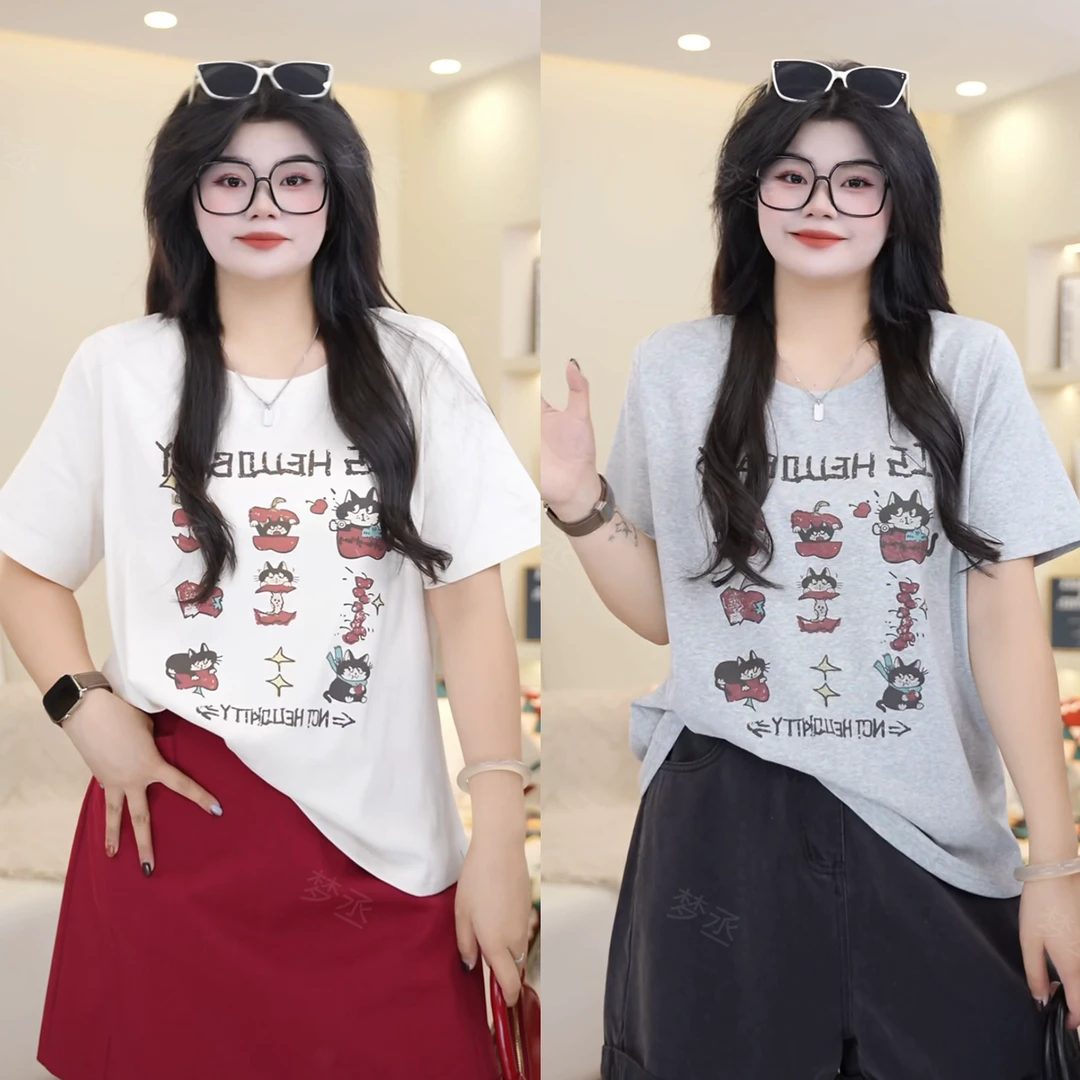 梦丞-胖mm大码女装夏季猫猫印花时尚百搭显瘦遮肉短袖T恤上衣女