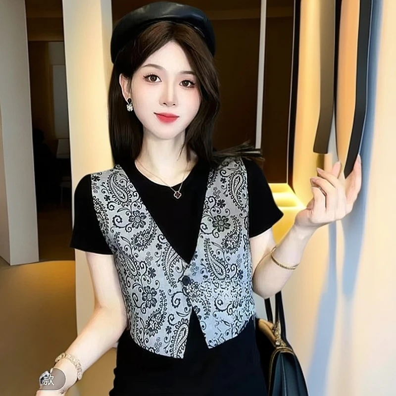 QL夏季假两件设计短袖T恤女修身显瘦时尚