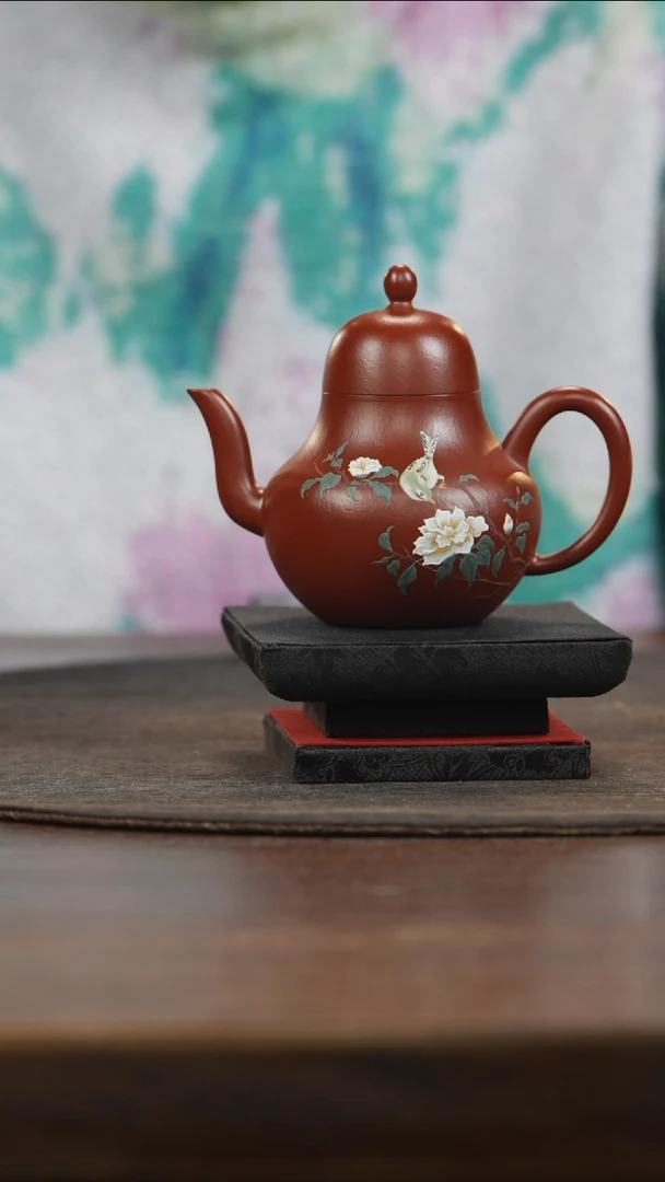 【闪购商品】紫砂茶叶罐朱泥泥绘小鸟思婷壶