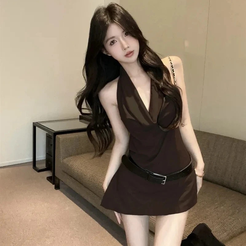 侧开叉设计修身显瘦中长上衣配腰带辣妹露背设计感不规则荡领背心