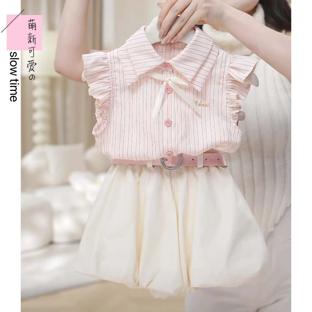 巴拉扣扣女童条纹小飞袖上衣花苞短裤套装夏季2025新款甜美polo短