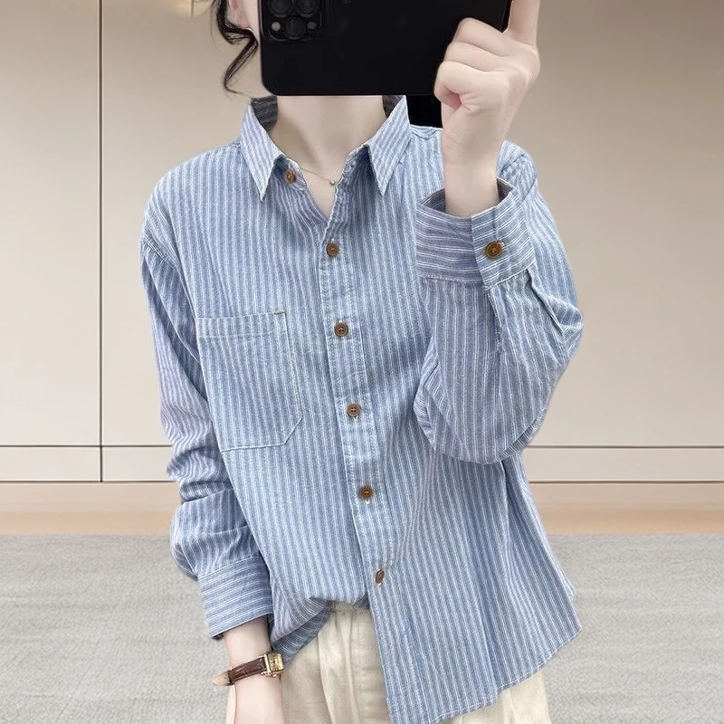 纯棉条纹翻领长袖衬衫宽松春季上衣2025新款显瘦春夏休闲衬衣外穿