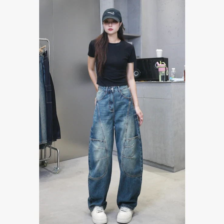 A3577-蓝【N5专享】秋季新款潮流设计中高腰弯刀堆堆牛仔裤