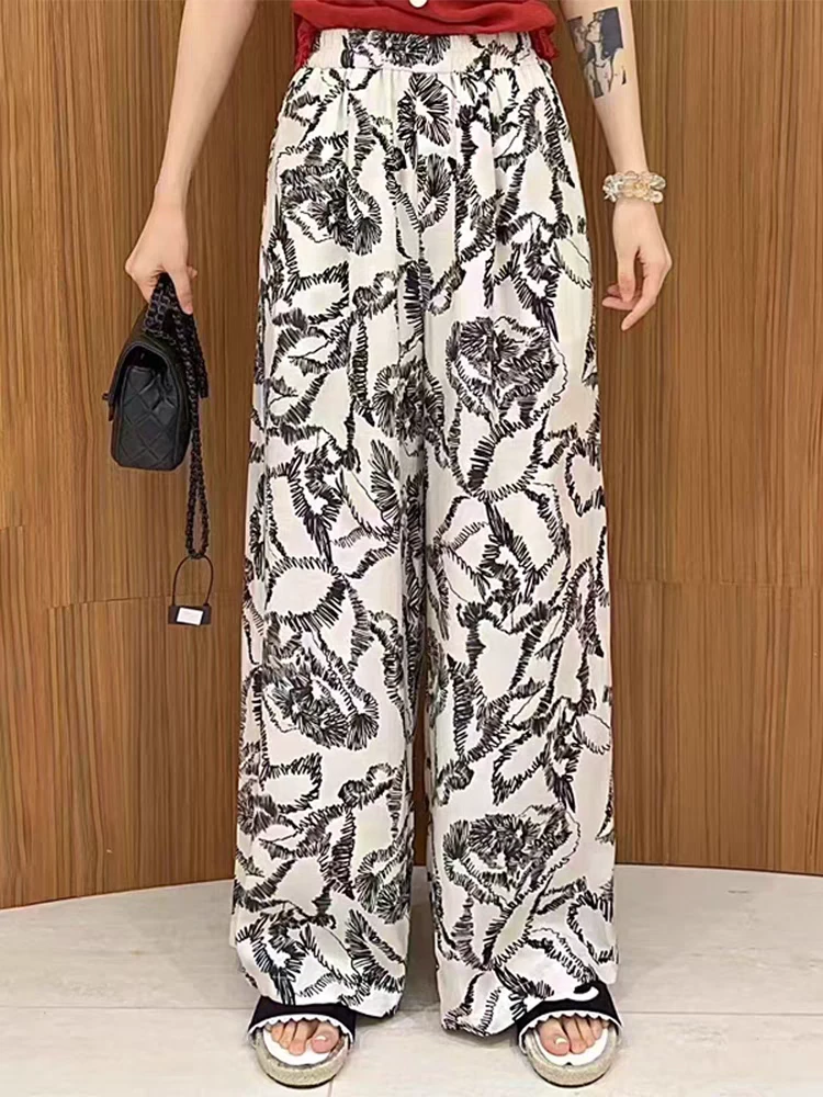 红姐严选褶皱印花松紧腰天丝亚麻阔腿裤31719