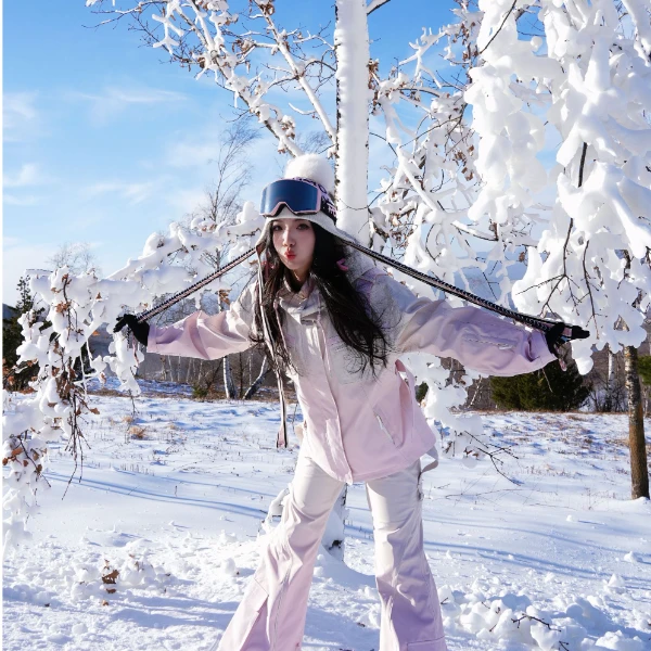 BCG少女滑雪服套装蝴蝶结滑雪冲锋衣长腿开叉喇叭背带裤2024秋冬