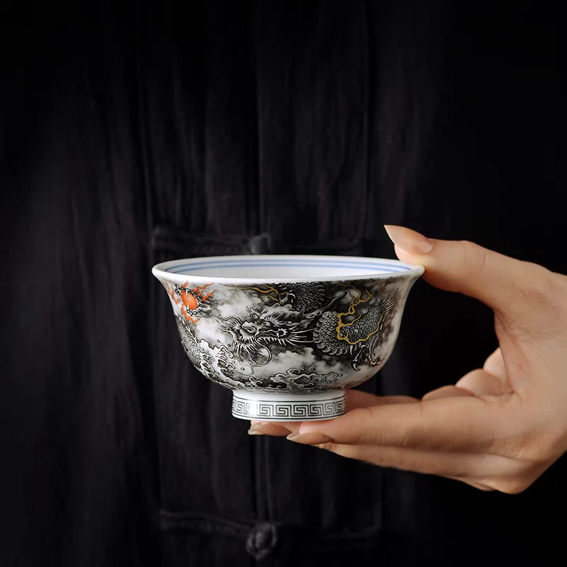 景德镇手工手作釉下彩墨龙出海高端茶具陶瓷主人杯压手杯（小号）