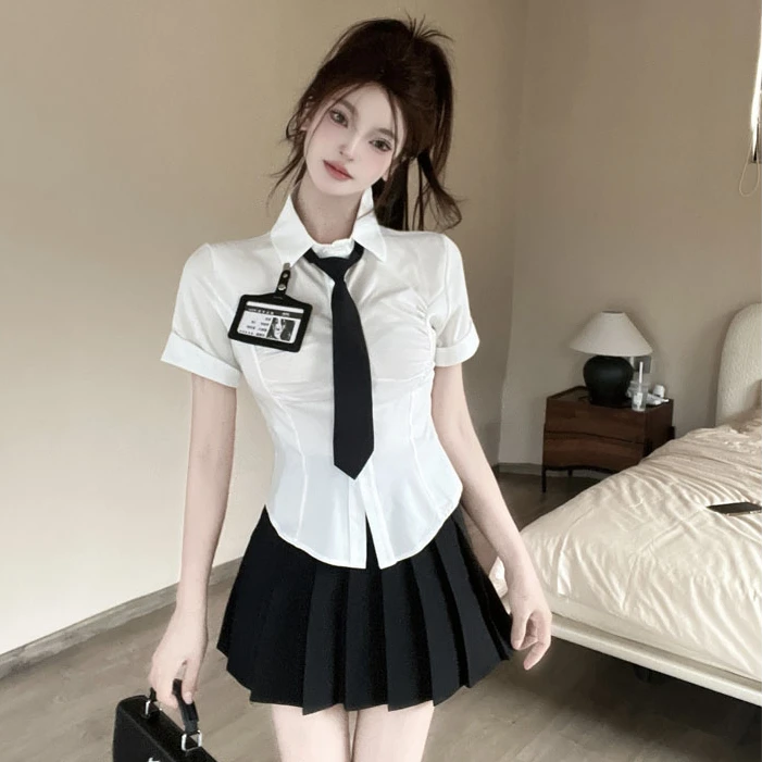 学院风套装女夏季jk制服白色衬衫收腰足浴技师工作服百褶裙两件套