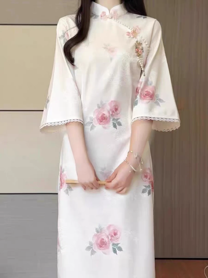 （芊洛）倒大袖改良旗袍淑女范年轻优雅长裙子提花文艺日常