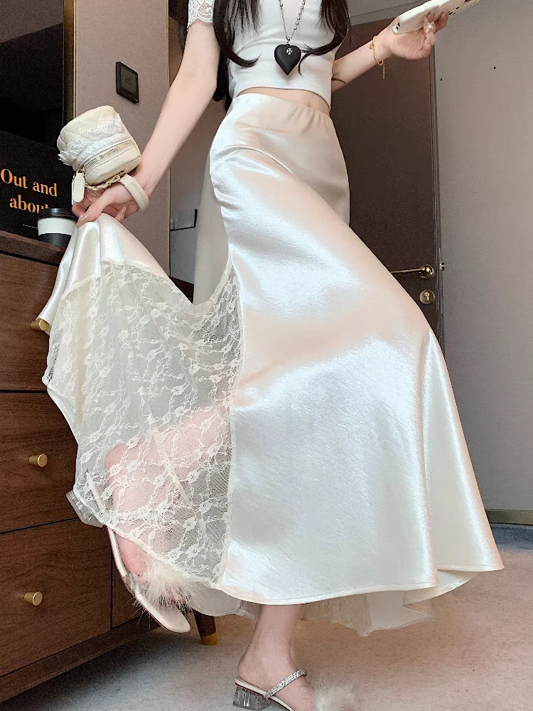 法式蕾丝网纱拼接醋酸缎面纯色半身裙女2025高腰a字潮流鱼尾长裙