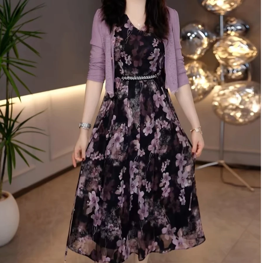 外披+背心裙2025春季薰衣草紫色温柔风穿搭女人味印花连衣裙