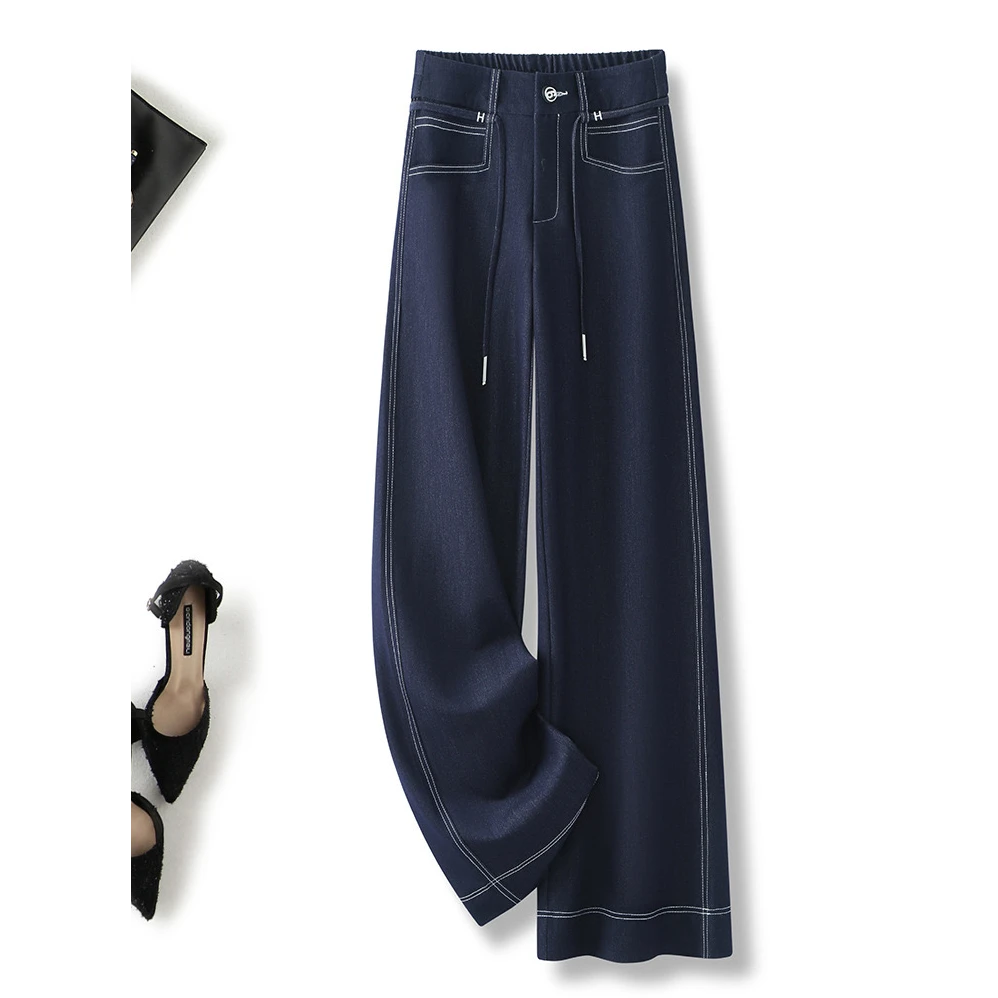 夏新款丹宁色直筒牛仔裤女高腰显瘦窄版阔百搭腿复古时尚宽松