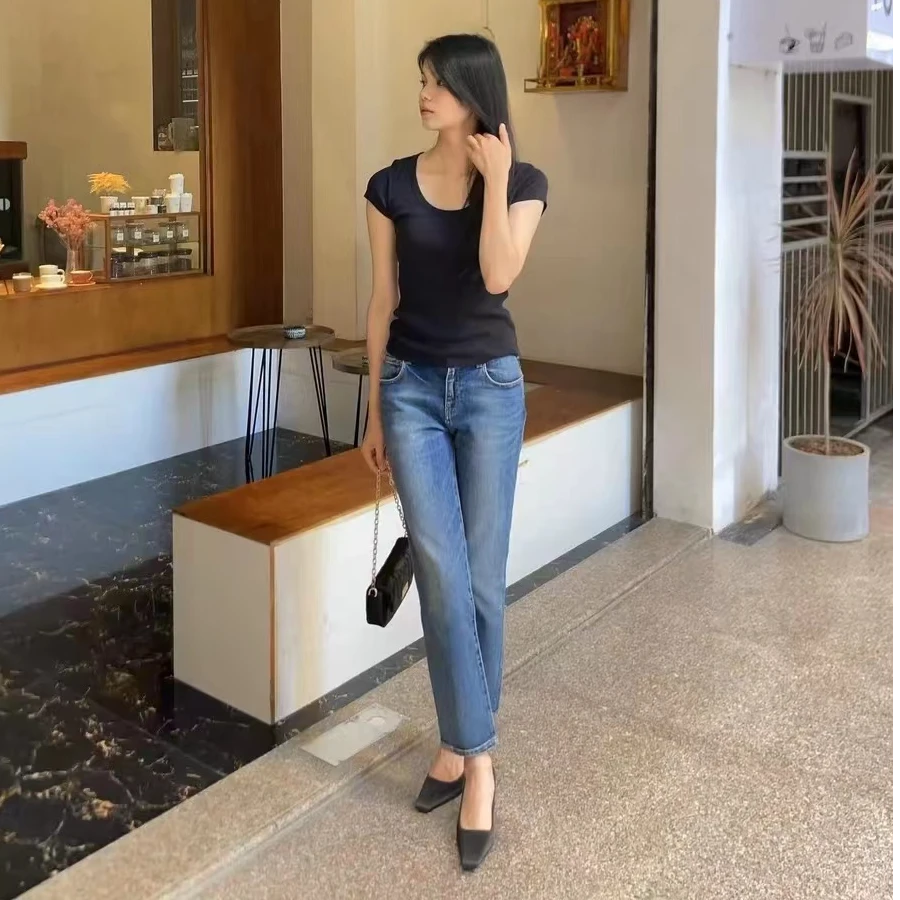 【江南超模出街窄版直筒牛仔裤】手擦猫须工艺