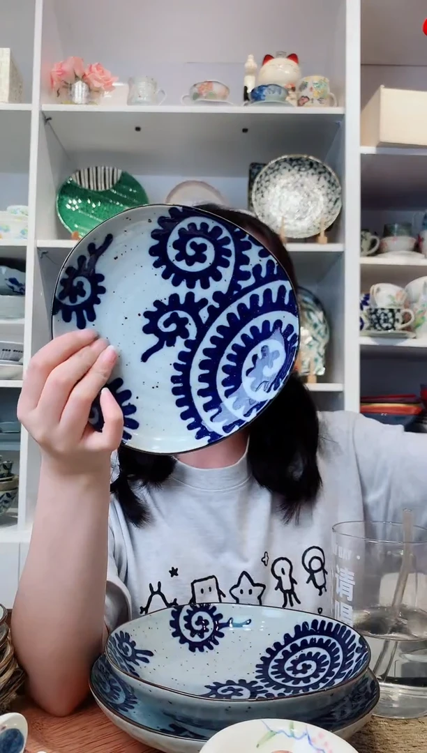 陶瓷【到手两支】粗陶章鱼唐草三角盘16cm