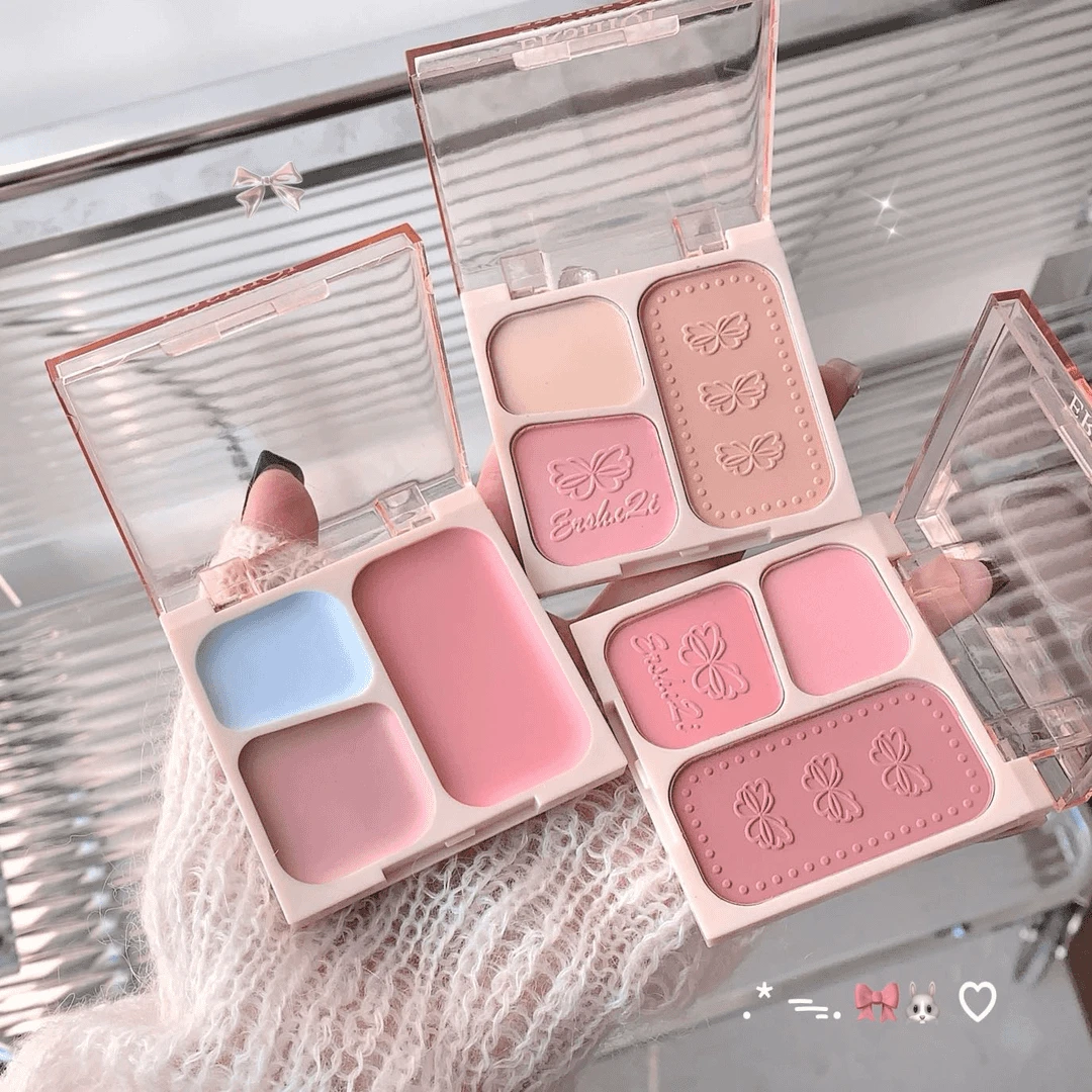 ErshiQi三色腮红盘膨胀收缩色哑光高光修容提亮持妆显色胭脂膏