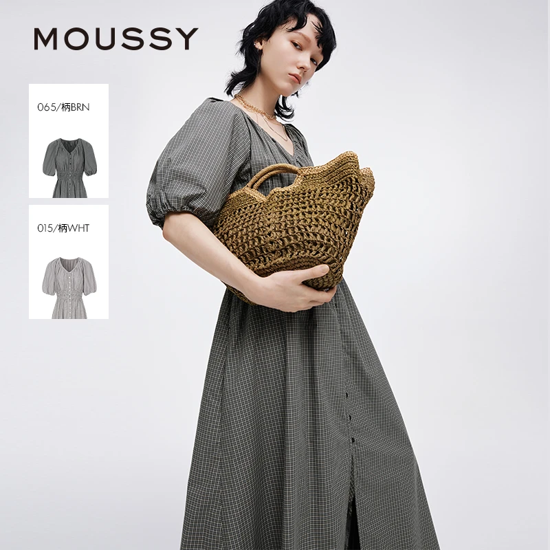 MOUSSY 2025夏季新品法式田园风V领格纹衬衫连衣裙028ISC33-1005
