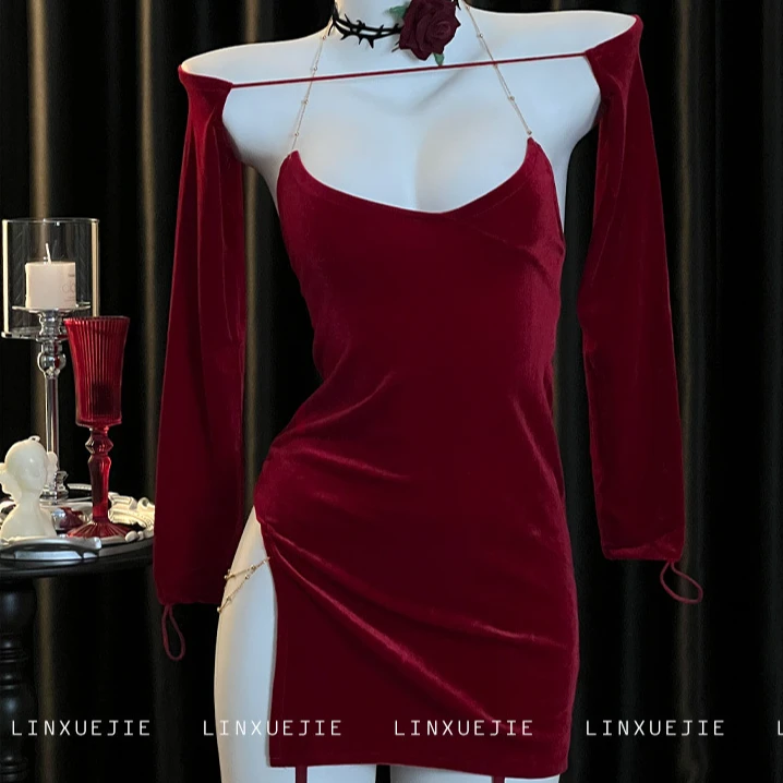晚安闪闪~纯御姐姐系列*丝绒侧开叉贴身短款质感连衣裙配披肩