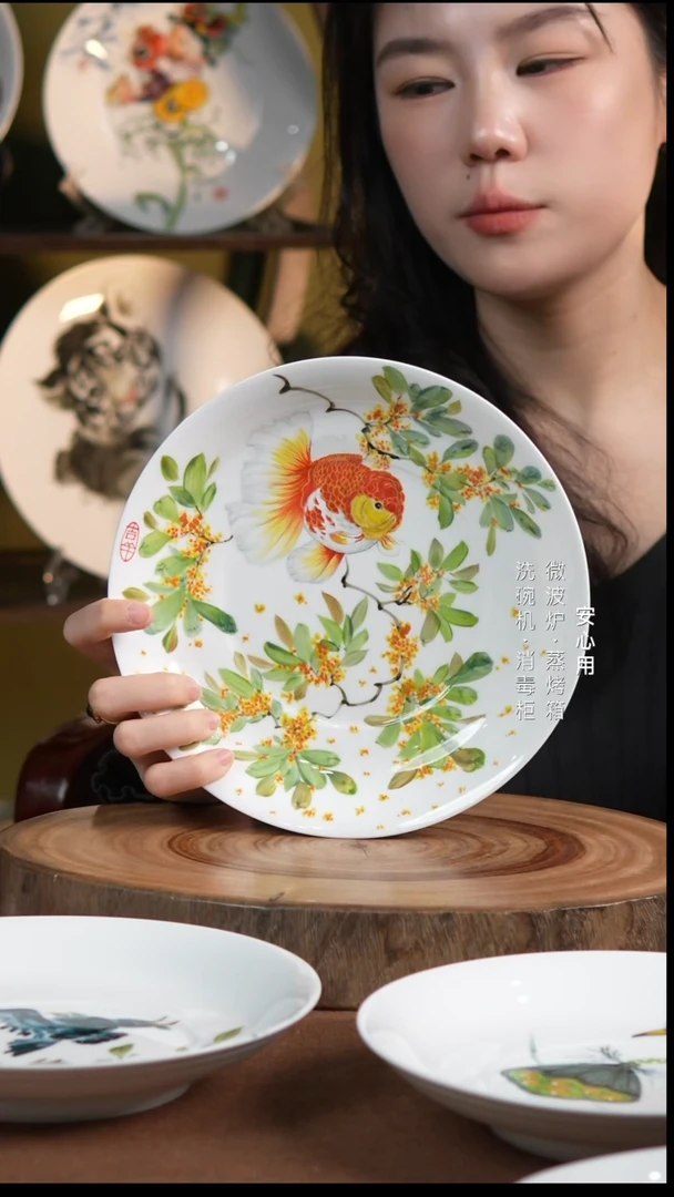 瓷小*【预售链接】景德镇高温手绘釉下彩8英寸官窑窝盘桂花兰寿