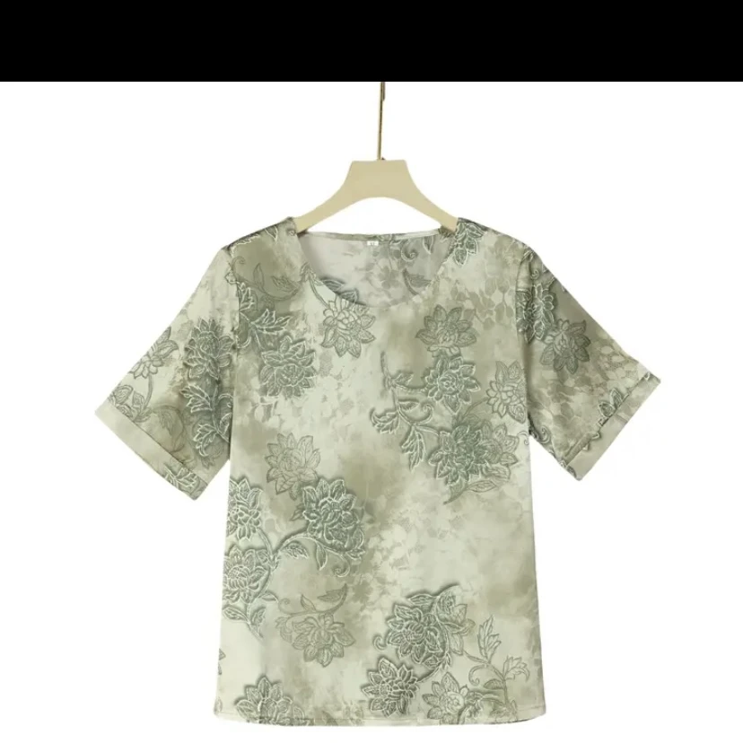 短袖中长款薄款宽松型中老年女装夏季显瘦衬衫印花圆领百搭