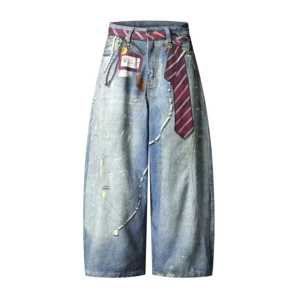 美式复古水洗做旧弯刀裤女同款2025秋季设计感宽松领带牛仔阔腿裤