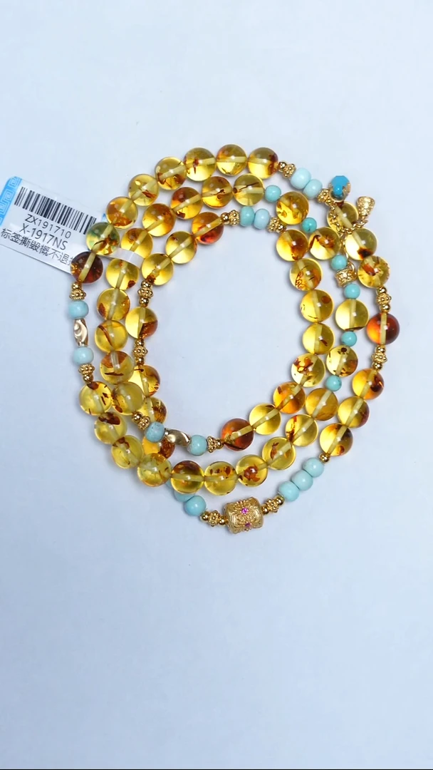 手链琥珀（花珀）未镶嵌花珀绿松多圈7mm