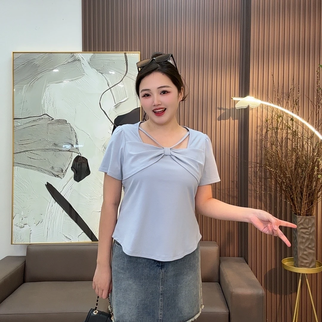 2025新款大码女装胖mm法式小众设计感百搭显瘦蝴蝶结正肩上衣