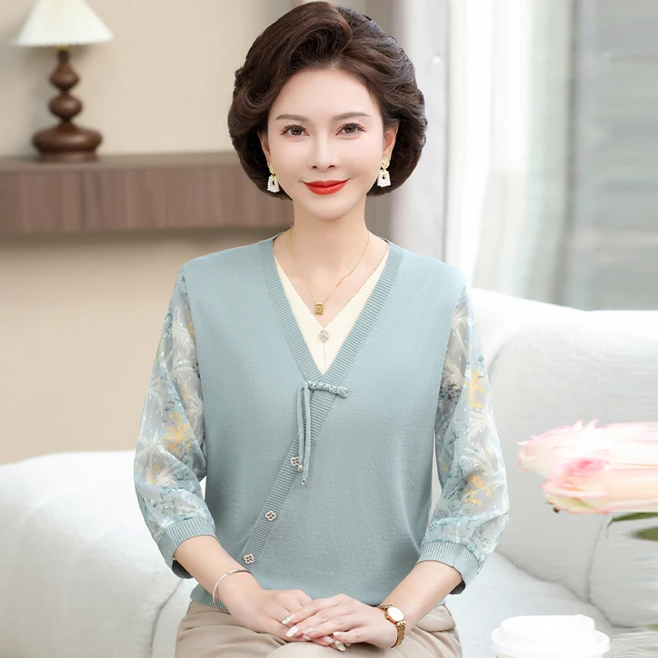 妈妈夏装国风纱袖七分袖女装上衣中老年人衣服薄款洋气针织打底衫