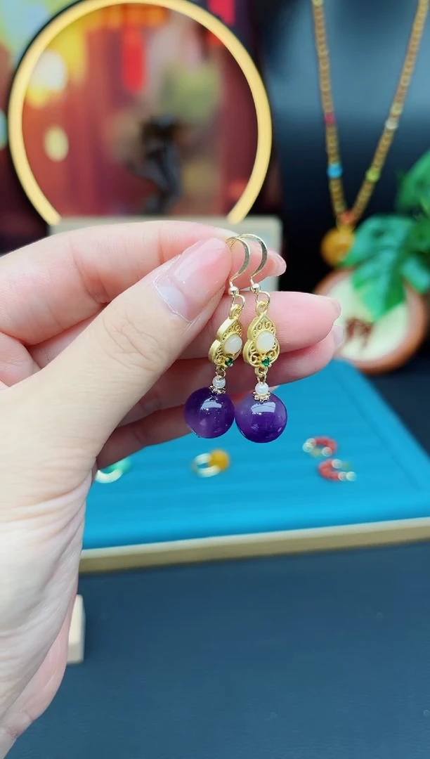 紫晶耳饰银S925镶嵌葫芦紫珠