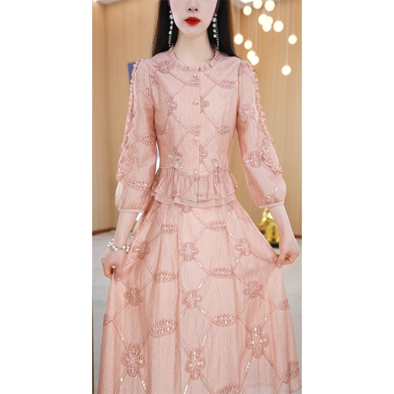 【上下套装】春夏纯色印花优雅轻奢时尚女装两件套套装裙M-4XL