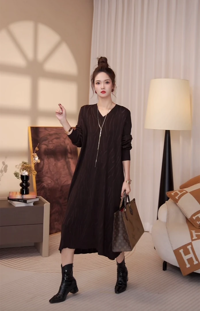 高端[端正典雅]冬季溪流纹新款秋冬毛衣打底连衣裙-6222#