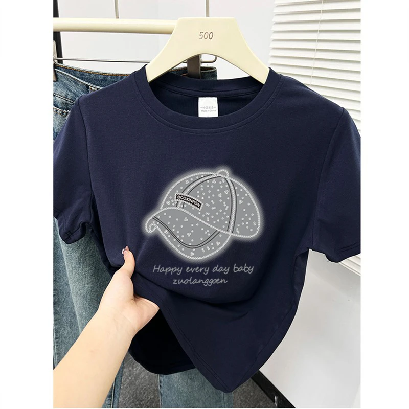 藏蓝色圆领短袖T恤女夏季新款韩版设计感帽子印花显瘦正肩上衣潮