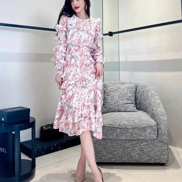 [依易原创]法式荷叶边复古仙女碎花气质蛋糕长裙E0403