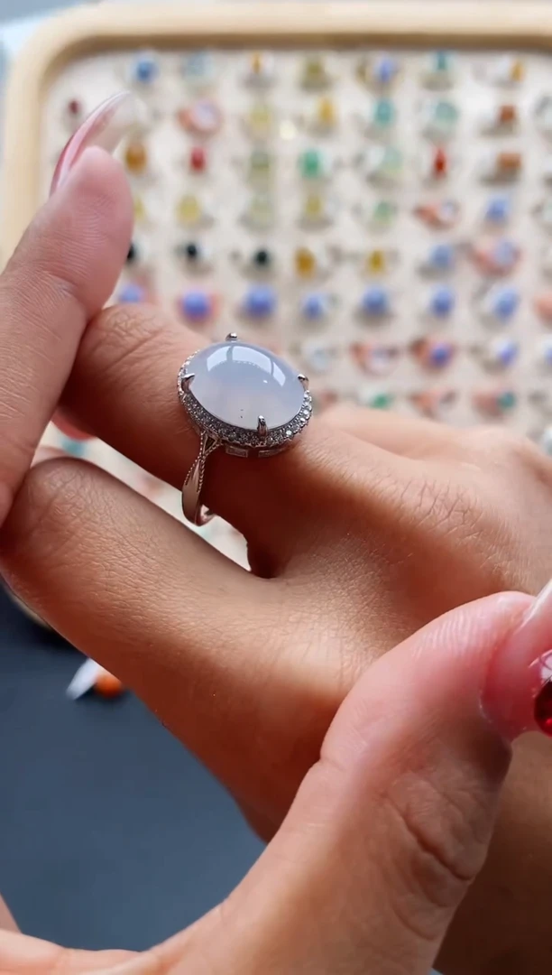 【闪购商品】翡翠戒指银S925镶嵌缅甸天然A货翡翠444 2+6