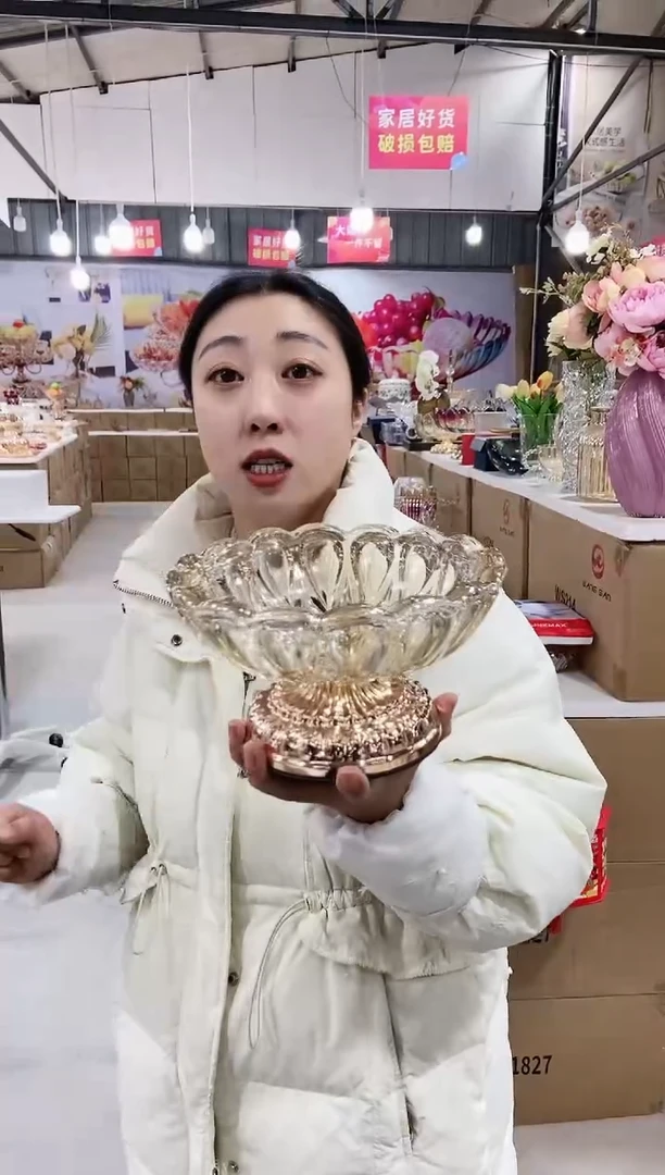 【闪购商品】玻璃印花高脚果盆20cm