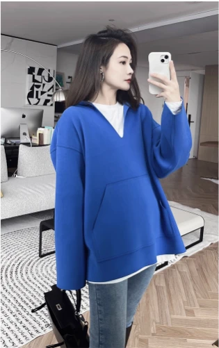 美洋MEIYANG 皇家蓝卫衣 连帽宽松套头毛呢外套