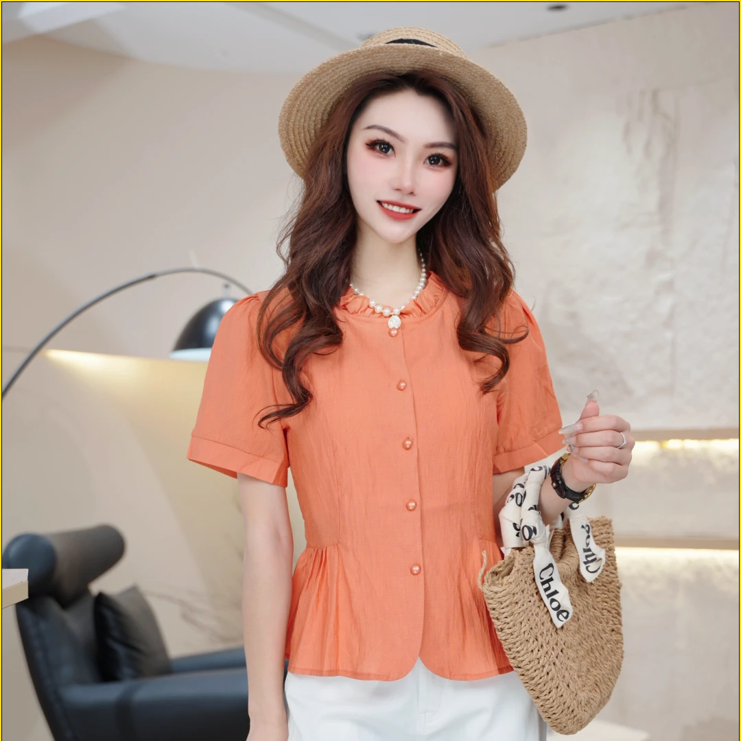 韩版洋气气质时尚百搭短袖圆领衬衫女2025夏新款显瘦减龄上衣H865