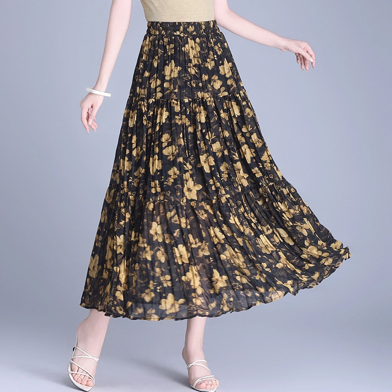 2025夏季法式时髦减龄碎花雪纺半身裙女高腰垂坠感轻薄透气大摆裙