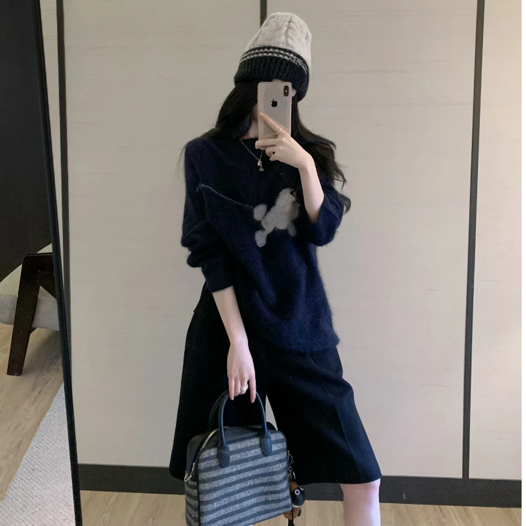 秋冬新款潮牌女装韩版宽松中长款长袖针织毛衣休闲直筒短裤套装