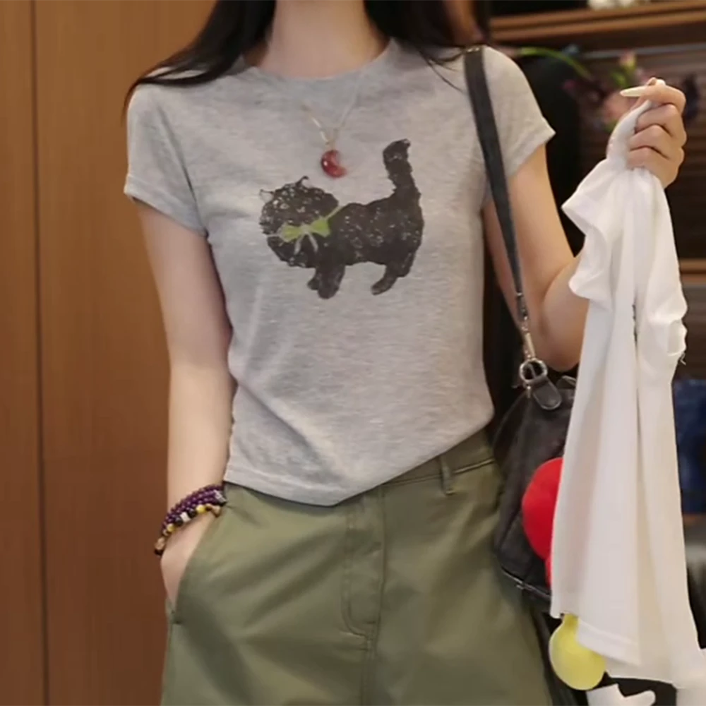 “绿领带小猫”夏季新款天丝亚麻流行显瘦短袖T恤C5389