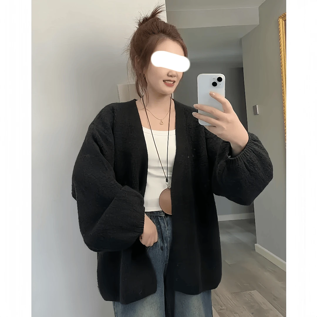 2025秋冬新款树皮纹泡泡袖外套慵懒风针织衫百搭开衫韩版外套网红