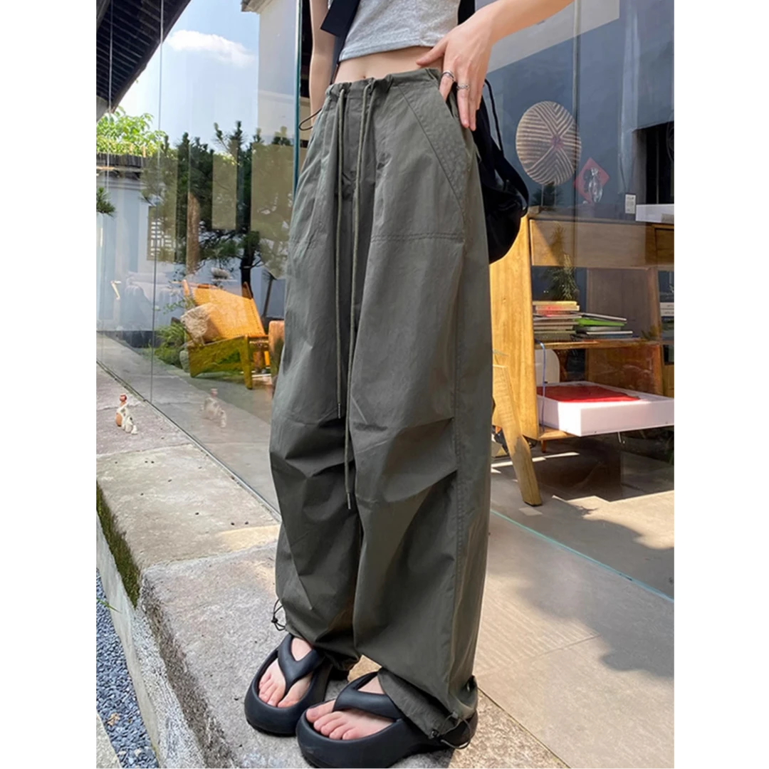 小个子复古抽绳休闲裤女春宽松百搭直筒工装裤美式低腰阔腿拖地裤