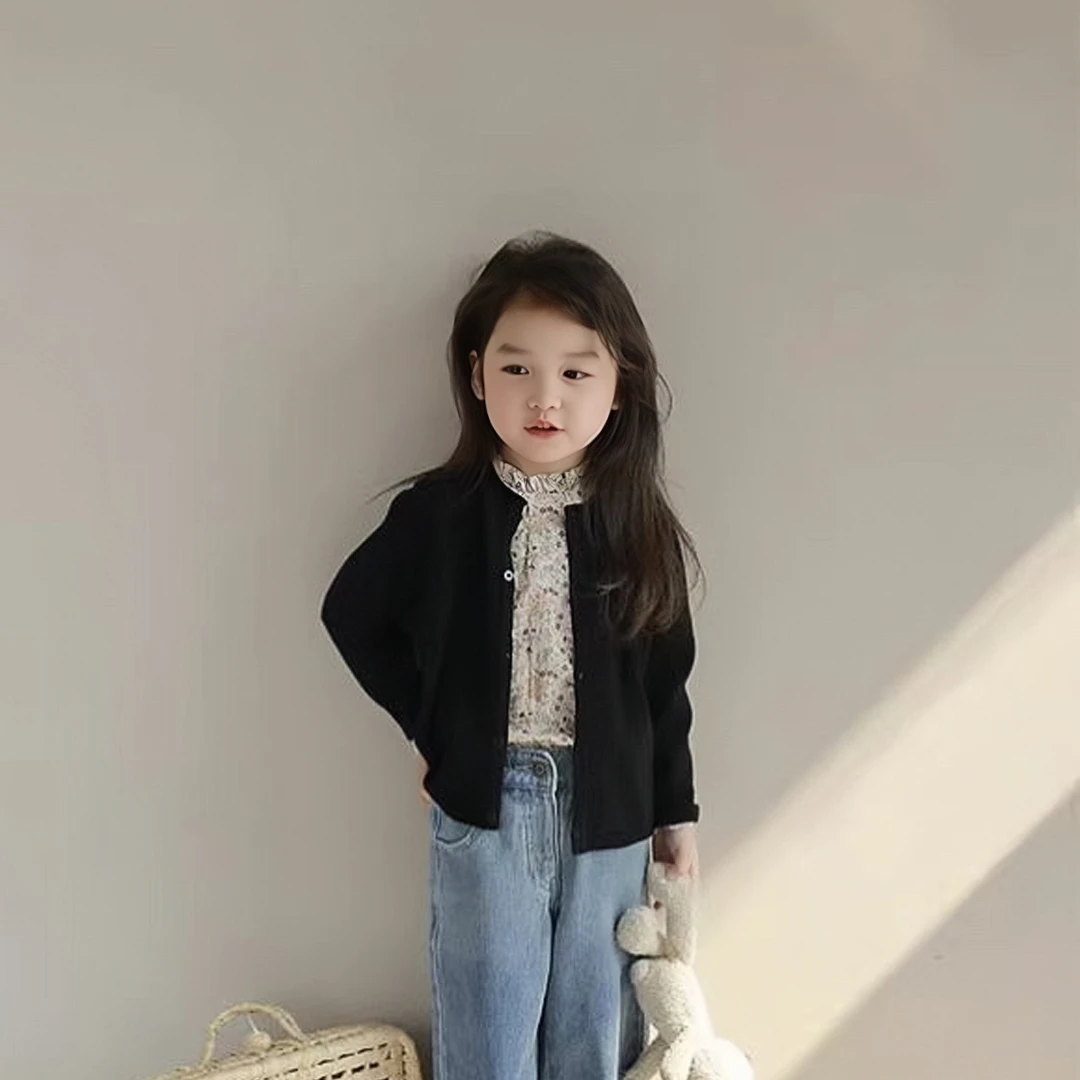 女童春秋纯棉薄款小开衫中小童韩版纯色百搭针织开衫公主风小外套