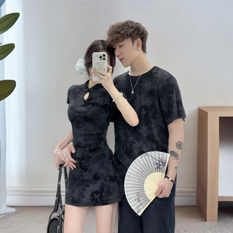 复古改良旗袍连衣裙夏季新款收腰包臀裙情侣装一衣一裙新中式国风