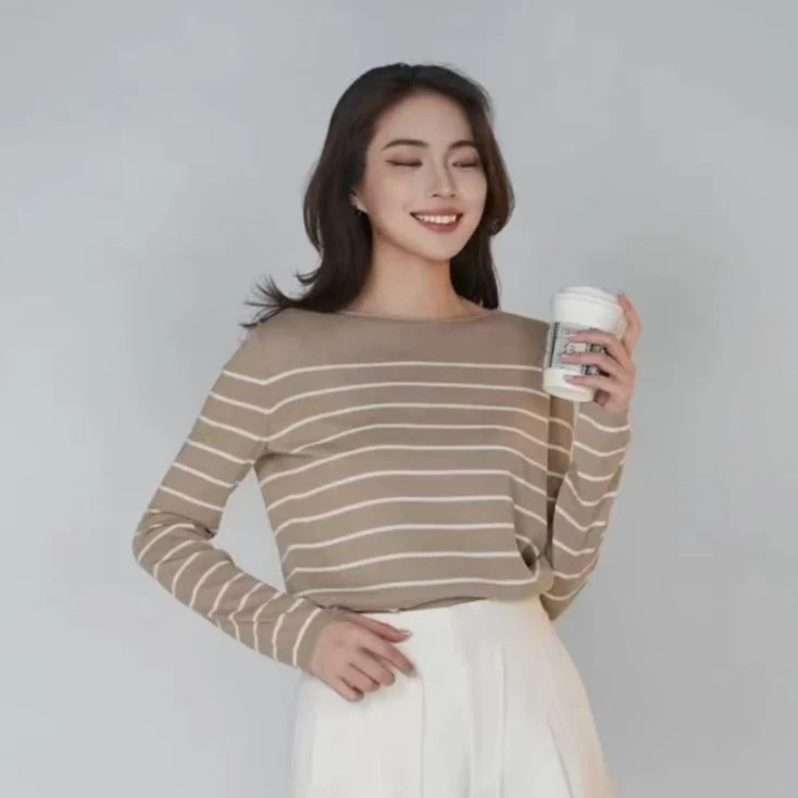 AMASS/阿玛施25夏季新款显瘦长袖圆领洋气宽松条纹松针织衫538020